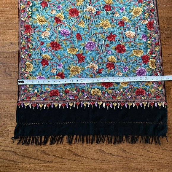 Kashmir Shawl Hand Embroidered Cashmere Hook Work Turquoise Indian Stole - Picture 9 of 12